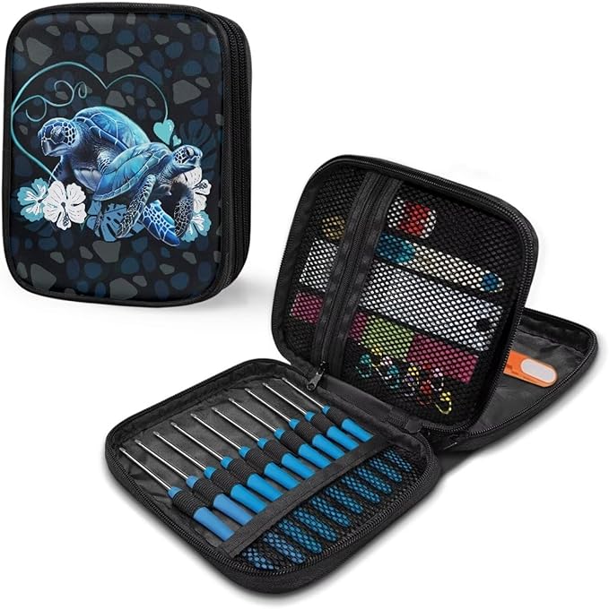 Hechitok Turtle Flower Crochet Hook Case, Zipper Storage Organizer Bag with Web Pockets for Crochet Needles/Knitting Accessories/Crochet Hook Kit Tools Easy to Hold