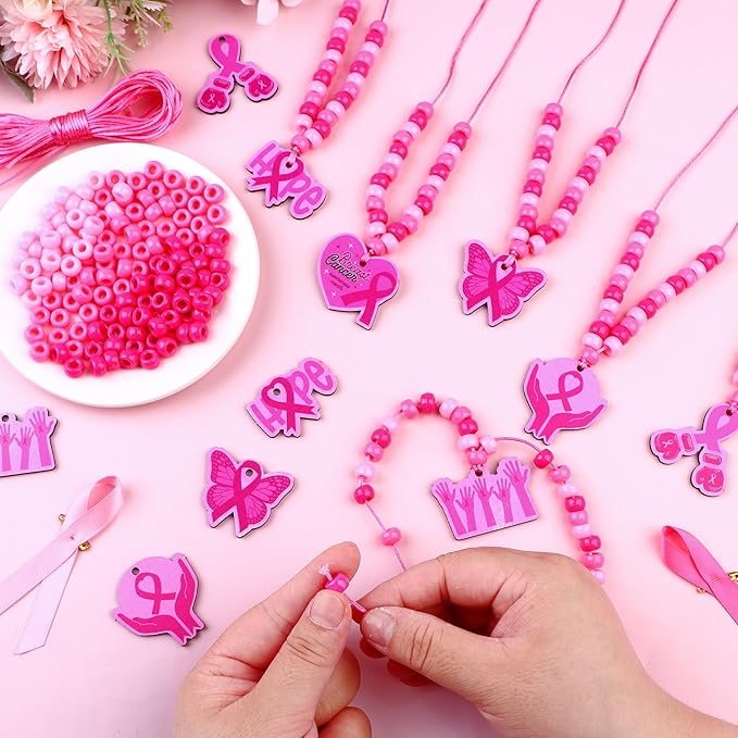 RZJSLSHANHAI 24 Sets Mother's Day Beaded Necklace Making Kit Pink Ribbon Beads Necklace DIY Crafts with Pink Ribbon Pendants Rope for Girl's Gift