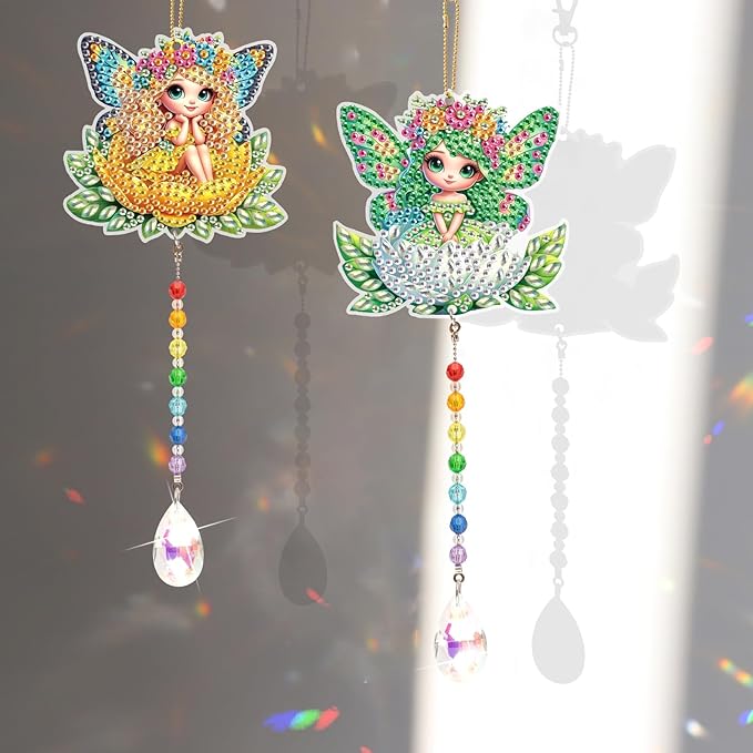 LazyFold 2 Pcs Diamond Painting Wind Chime Kits,Flower Fairy DIY Diamond Art Painting Wind Chime Kits Crystal Art Suncatchers for Adults Home Garden Window Craft Gift