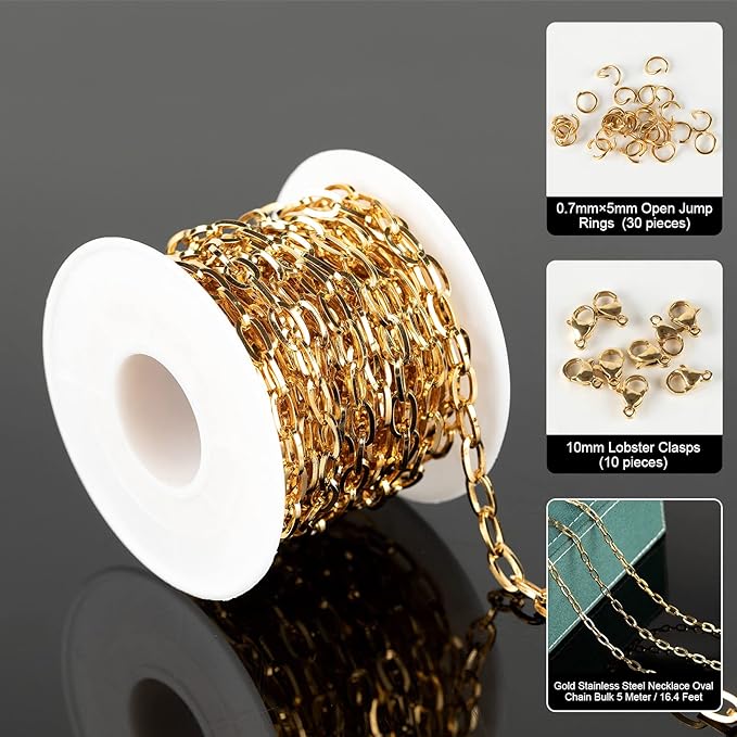YOUBEIYEE 16.4 Feet Gold Plated Stainless Steel Chain Link Oval Paperclip Necklace Chain Bulk with Jump Rings Lobster Clasps for DIY Necklace Bracelet Choker Jewelry Making