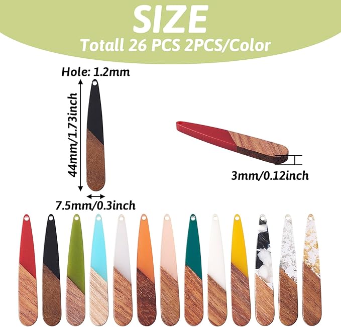 Beadthoven 26pcs/13 Pairs Natural Wood Resin Teardrop Charms DIY Earrings Pendants Mixed Colors Long Water Drop Shape Wooden Pendants for Statement Jewelry Making Findings