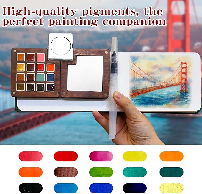 Mini Watercolor Paint Set - 15 Color Travel Watercolor Palette Set - Portable Water Color Paint Set with Watercolor Journal, Binder Clips,Pens,Storage Bag, Wooden Box for Beginners Painters Artists Student