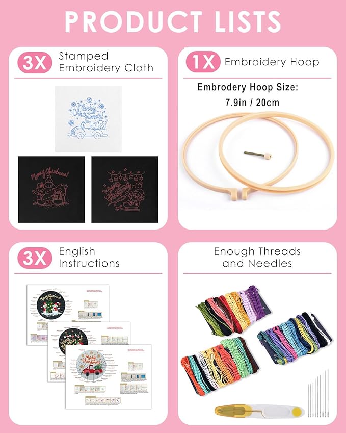TINDTOP Christmas Embroidery Kit for Adult Beginners, 3 Sets Embroidery Stitch Practice kit Include Embroidery Cloth Hoops Threads for Craft Lover Hand Stitch