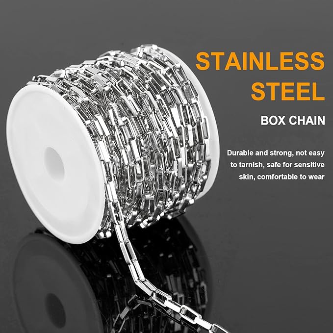 KYUNHOO 16.4 Feet Silver Stainless Steel Chain for Jewelry Making Long Box Link Chains Bulk on Spool for DIY Women Necklace Jewelry Supplies with Jump Rings and Lobster Claps
