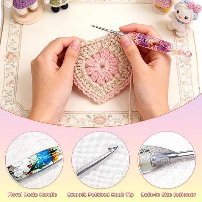 Reessy 3.0mm Crochet Hook with Floral Resin Handle – Ergonomic Grip & Hand-Polished Stainless Steel Tip – Smooth Glide Crochet Hook for Beginners, Arthritic Hands & Gifts (C-3.0mm)