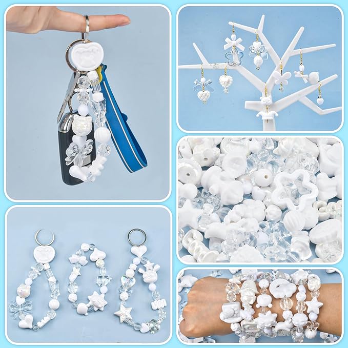 ABONDEVER 245-300Pcs Assorted Acrylic Beads for Bracelets Making Cute Star Bow Flower Candy Heart Gummy Bear Butterfly Beads for DIY Jewelry Crafts Keychain Necklace Phone Charms(White)