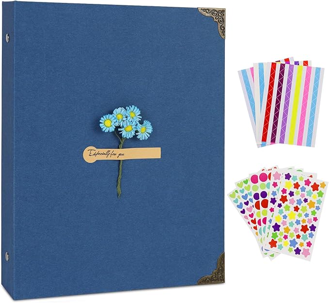 ZEEYUAN Journal Scrapbook Memories Photo Book Album 60 Black Pages Vintage DIY Photo Scrap Book Hardcover Scrapbook Gifts for Couples Anniversary Christmas Thanksgiving Valentines Day,Blue