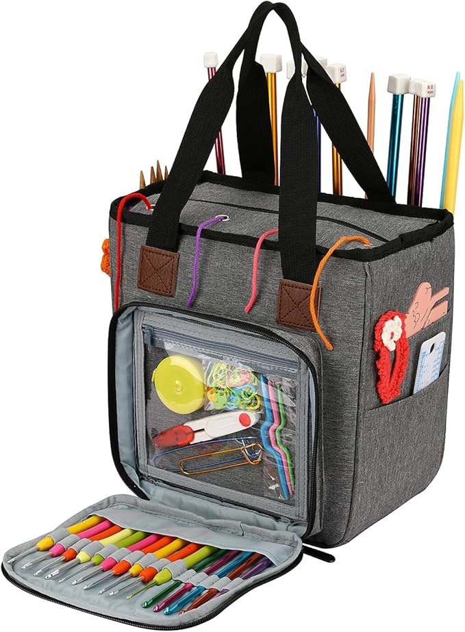 LOOEN Yarn Knitting Storage Tote-Large Capacity Crochet Organizer Portable Travel Bag With Shoulder Strap Crochet Hooks Case for Unfinished Bulk Project