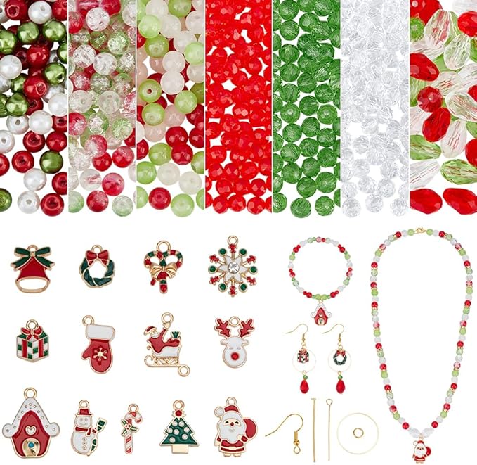 PH PandaHall 873pcs Christmas Earrings Making Kit, 4/6/8mm Red Green Beads Santa Claus Glove Snowflake Wreath Alloy Enamel Charms Earring Hooks Jewelry Findings for DIY Earrings Craft Jewelry Making
