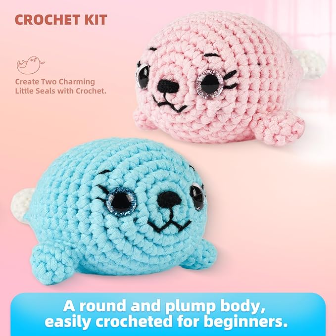MOREJMTT Crochet Kit for Beginners, Learn to Crochet, Include Easy Knitting Soft Yarn, Step-by-Step Video Tutorial, Hook, Holiday Birthday Gift for Adults (Pink Seal& Blue Seal)