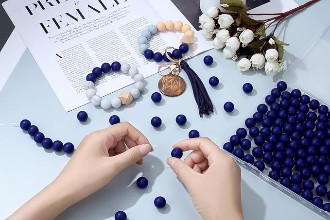 MAIBAOTA 120 Pcs Blue Beads for Bracelets 15 mm Navy Blue Beads for Keychain/Pens/Bracelet/Necklace Making Focal Beads Loose Rubber Round Silicone Beads Bulk for Craft Making（with Boxed Kits）
