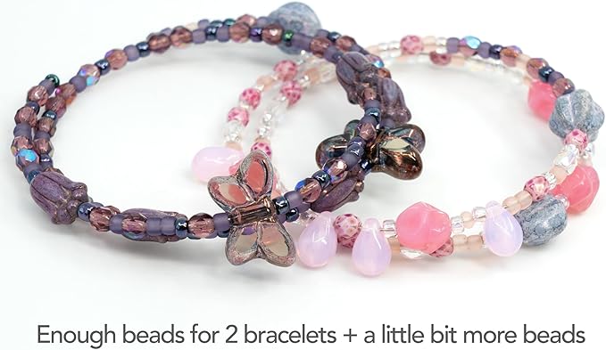 Bracelet Making kit with Czech Glass Beads & TOHO Japanese Rocailles, 2pc Memory Wire and crimps for begginers - Easy & Fast to do (Butterflies Purple Pink)