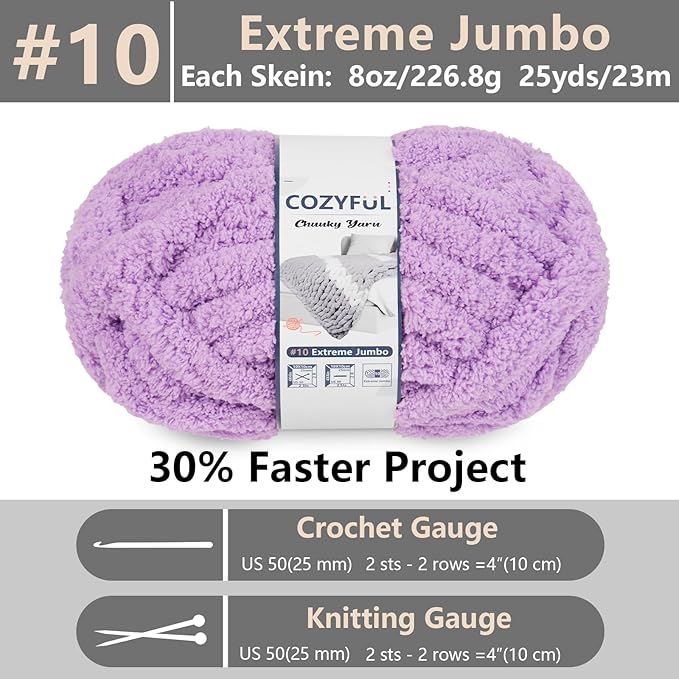 Chunky Yarn for Hand Knitting - #10 Chunky Chenille Yarn, Jumbo Big Thick Chunky Yarns for Crocheting, Super Bulky Chunky Knit Blanket Yarns, 8 Skein (25 yds 8 oz Each Skein), Purple