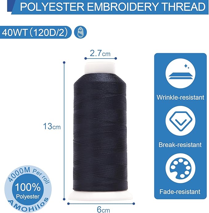 High Tenacity Polyester Embroidery Machine Thread 40WT(120D/2) 4000M Per Spool for Commercial and Domestic Embroidery Machine (Navy-1643)