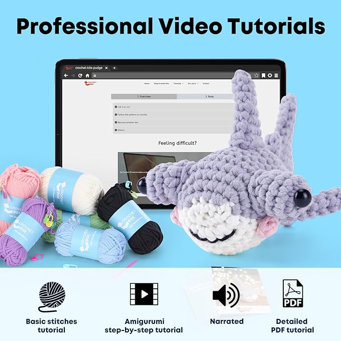CrochetBox Crochet Kit for Beginners - Hammerhead Shark Starters Crochet Kit, Beginners Crocheting Kitting for Adults Teen, Gifts with Crochets Yarns, Hook, Step-by-Step Video, Instruction