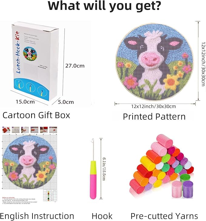 DIY Latch Hook Rug Kits Dairy Cow in Flower Easy for Beginners Children Round Carpet Crochet Yarn Craft Mini Rug Hook and Latch Tapestry for Home Decor 30x30cm-2
