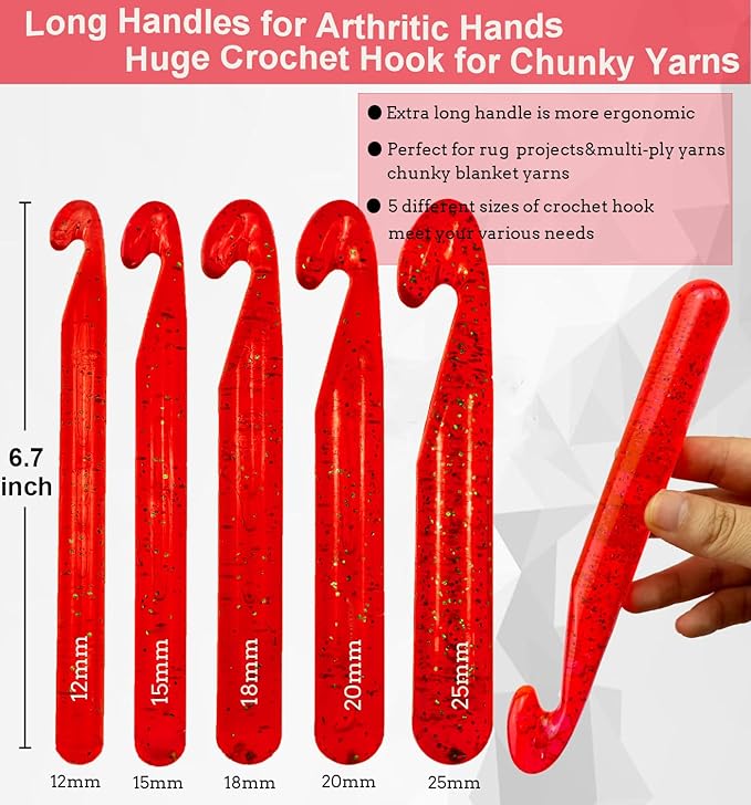 Weabetfu 5 Large Crochet Hook,25mm 20mm 18mm 15mm 12mm Size Crochet Hooks, Large Crochet Hooks for Chunky Yarn,24PCS Big Crochet Needles,10mm-25mm Crochet Hook with Case(Red)