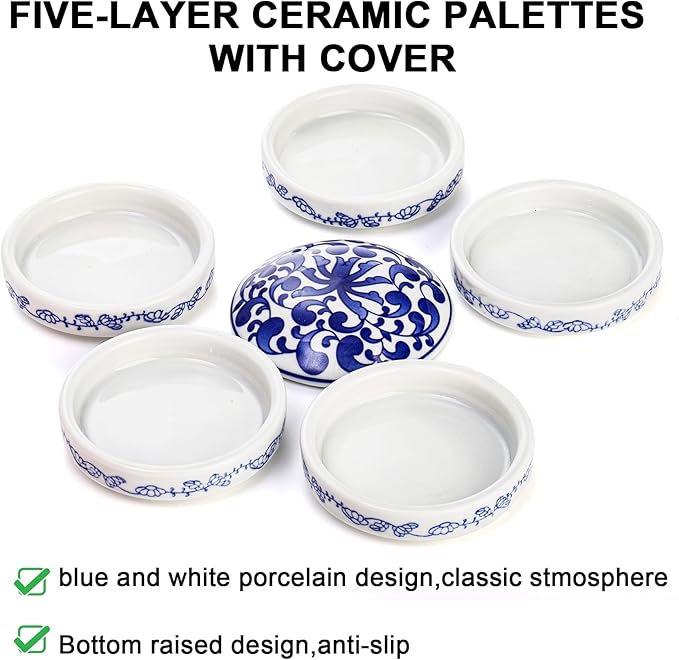 Yesland Ceramic Paint Palette, 5 Layers Stackable Mixing Trays Set, Round Porcelain Watercolor Palettes Sauce Dishes with Lid for Artist Gouache Pigment Chinese Watercolor Ink Mixing
