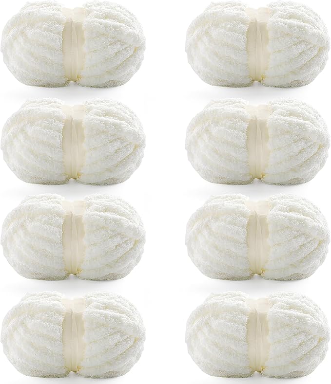 8 Pack Chunky Yarn for Crocheting, Blanket Thick Chenille for Hand Knitting, Soft Chunky for Crochet - 28 Yds 7.7 Oz Each Skein (Milk White)