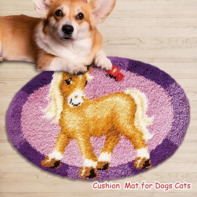 DL-YTG Latch Hook Kits Rug Pink Horse Crochet Yarn Cushion Colour Pre-Printed Canvas Cover Rug Needlework DIY Hook and Latch Kit Christmas Home Decoration 50x50cm/20 X20inch