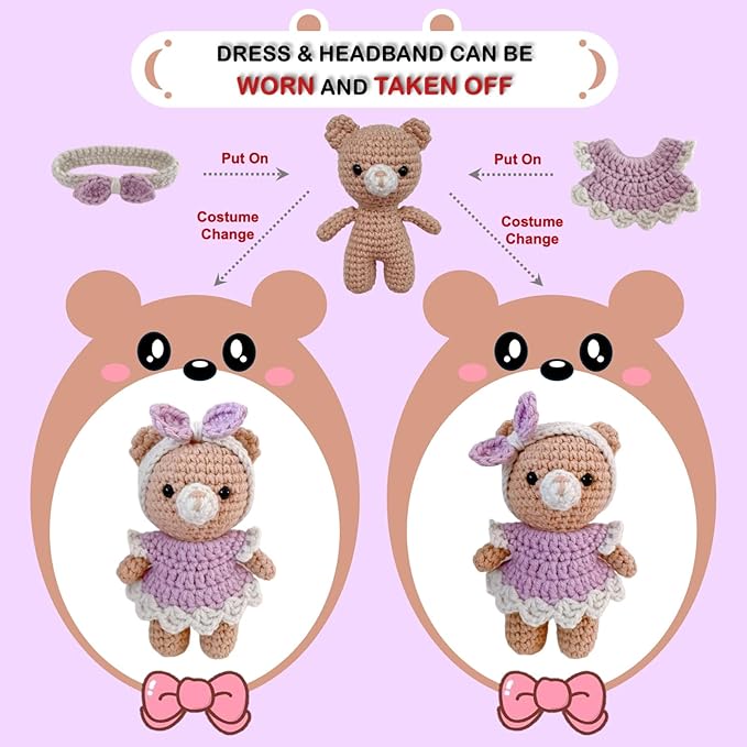 LoopMap Amigurumi Crochet Kit for Beginners with Removable Dress & Video Tutorials, DIY Bear Making Kit Includes Premium Yarn & Tools, Creative Gift for Adults Teens (Purple)