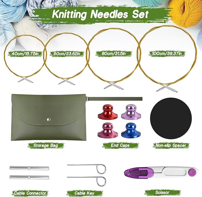 TRILVIX Knitting Needles Set, 13 Pairs Aluminum Interchangeable Circular Knitting Needles Set 4 Inch with 4 Cables, Accessories and Storage Bag for Multiple Knitting Projects Green