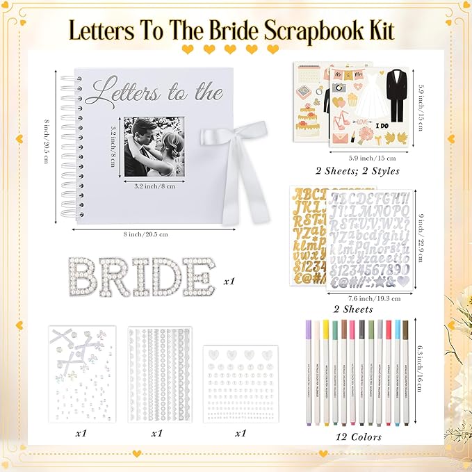 Fullhawl Letters To The Bride Scrapbook 8x8 Inch Bride Memory Book DIY Wedding Photo Album with Stickers and Markers for Wedding Engagement Bridal Shower Gifts Party Supplies, 40 Sheets