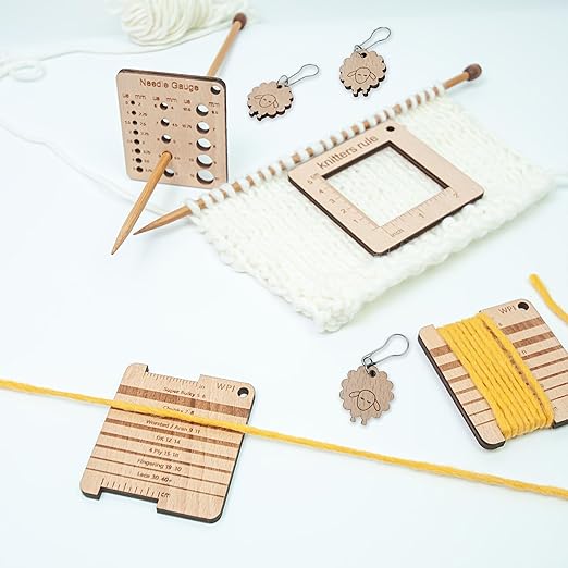 3 Pcs Wood Knitting Gauge Rulers with Lamb Marking Button, 3 Style Square Knitting Tool, Crochet Hook & Knitting Needle Gauge & Knitting Rule, Sewing Rulers for Art Sewing Knitting Crafts