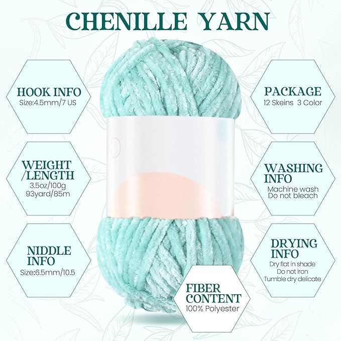 Xinnun 12 Skeins 1116 Yards Chenille Velvet Soft Thick Plush Yarn Bulk for Crocheting Knitting Blanket DIY Weaving Craft, 6mm, 3.5 Oz/Skein(Green Series)