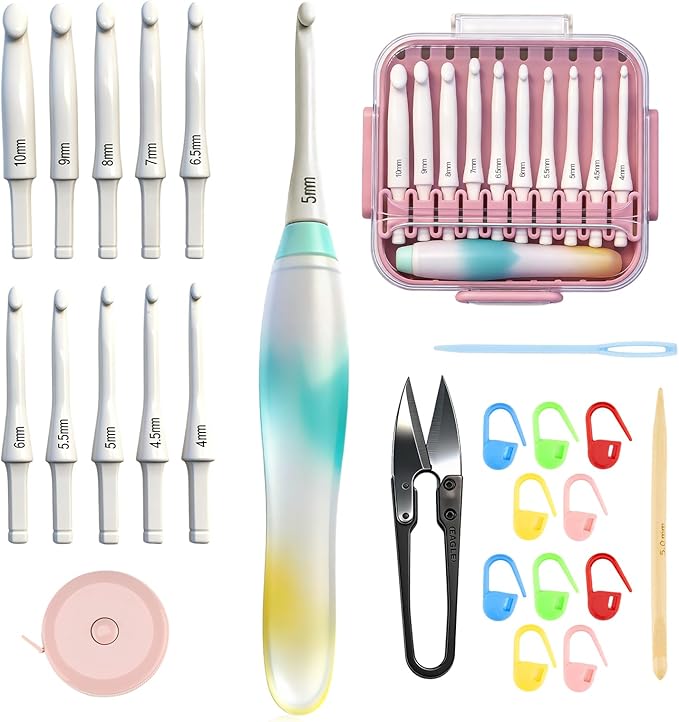 Crochet Hooks Set - Gel-Infused Jelly Touch Ergonomic Handle, 10 Sizes Interchangeable, All-in-One Kit with Organized Case for Beginners & Crafters