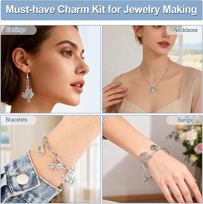 Modacraft 254 Pcs Silver Charms for Jewelry Making with Alphabet Letters, Wholesale Bulk Tibetan Silver Charm Pendants for Bracelet Necklace DIY Crafting