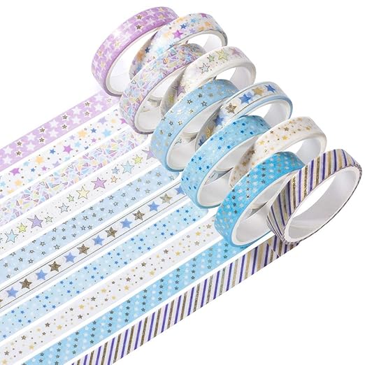 YUBBAEX 10 Rolls Sparkling Washi Tape Set 8mm Skinny Gold Foil Decorative Masking Washi Tapes for Bullet Journal,Scrapbook, Planner, DIY Crafts (Glittering Stars)