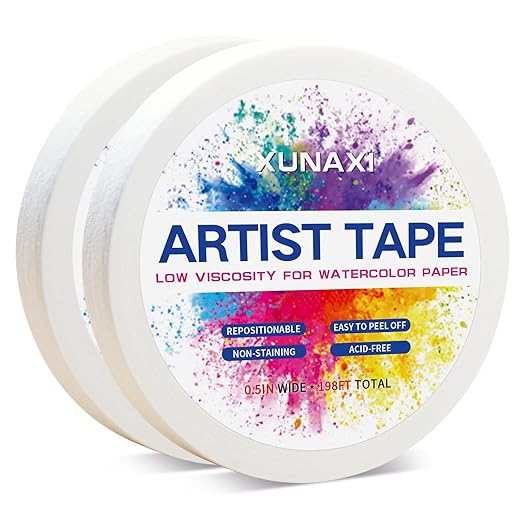 2 Packs Art Tape, Artist Tape for Watercolor Paper Low Tack White Painters Tape for Drafting Art Painting Canvas Framing Acid Free Masking Tape-0.5IN Wide 198FT Long Total