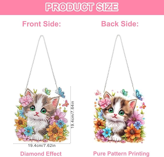 QENSPE Cute Cat Diamond Art Hanging Kits for Adults, 5D Special Shape Diamond Paingting Ornaments Kits with Chain, DIY Flowers Crystal Window Pendants for Home Garden Wall Decor Double Sided 8X8 inch