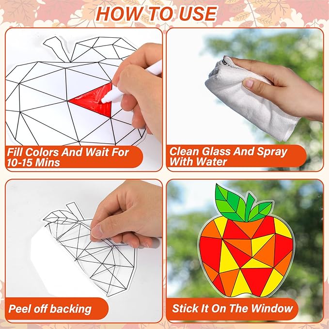 Qyeahkj 30Pcs Thanksgiving Fall Crafts Kits for Autumn Apple Suncatcher Ornaments Coloring Window Clings Color Your Own Fall Arts Crafts DIY Painting Party Gift for Home Decor