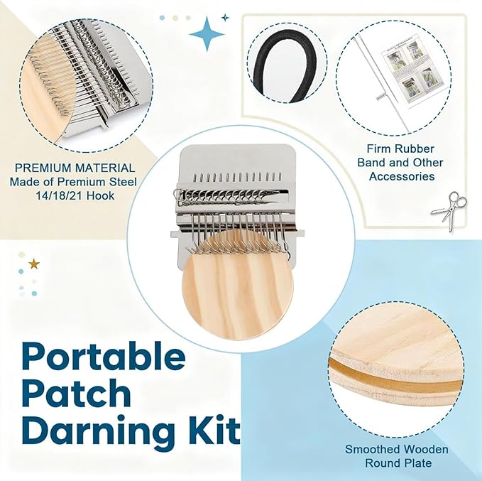 Bopanol Knit Patch, Knit Patch Loom kit, Mini Darning Loom for Beginners, Knit Patch kit Used for Repairing Holes in Socks, Clothes, and Jeans，Convenient to Carry and Easy to Use (14 Hooks)