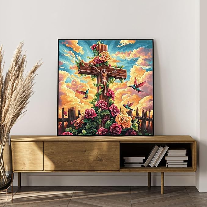 Paint by Numbers Kit for Adults Beginner Religious Cross, Flower Adult Paint by Number Kits on Canvas, Jesus DIY Acrylic Oil Painting by Numbers for Adults, Perfect for Home Wall Decor 16X16 Inch