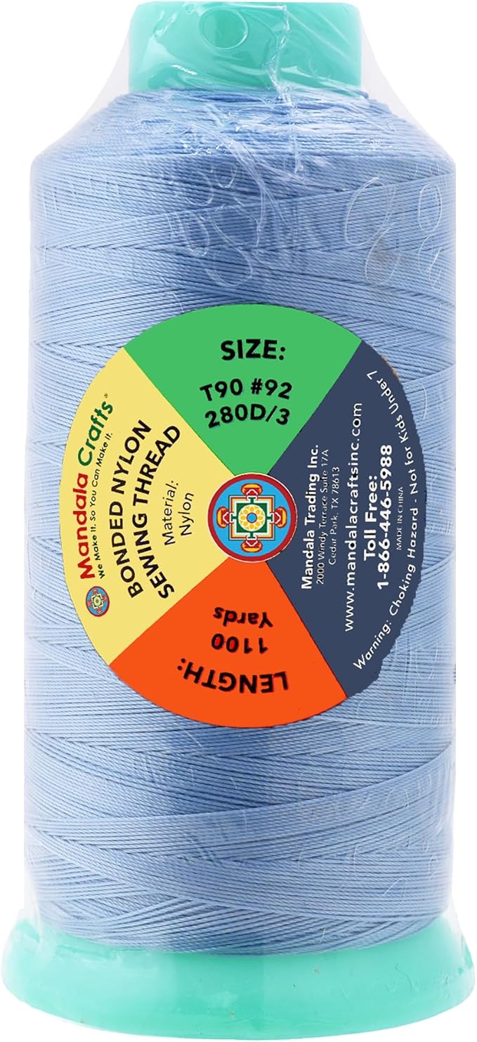 Mandala Crafts Size 92 280D T90 Bonded Nylon Thread - Light Blue 1100 YDs Tex 90 Heavy Duty Sewing Threads for Leather, Jeans, Weaving, Outdoor Marine Upholstery