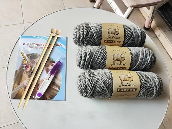 kaaper knitting kit for beginners adults, crochet kit for beginners knitting starter kit, learn to knit starter bundle for scarves, hats & gloves includes wool yarn, needles & accessories (gray)