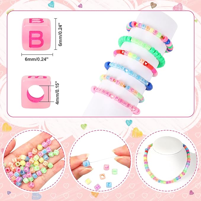 Augshy 1400pcs Glow in The Dark Square Acrylic Alphabet Beads Bracelet A-Z Cube Letters Beads for Bracelets Necklaces Phone Lanyard Making with 1 Roll Crystal String Cord for Jewelry Making(6 mm)