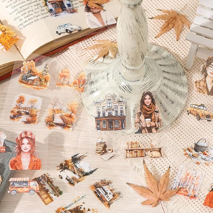 448Pcs Autumn Scenery Scrapbook Stickers for Scrapbooking Supplies, Transparent PET Aesthetic Stickers for Journaling, Junk Journal, Planner, DIY Craft Art, Scrap Booking Supples Kit