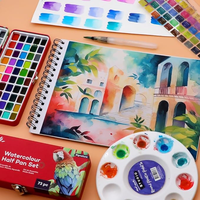 Mont Marte Watercolor Set Signature 73pcs, Including 50 Bright and 22 Metallic Colors with Translucent Finish, Ideal for Artists, Hobbyists and Adults