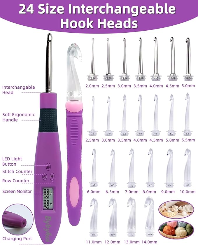 Bybykoi Light Up Crochet Hooks Set with 24 Interchangeable Crochet Kit, Digital Counter, 2 Levels LED, Beginner Knitting Kit for Stitch and Row Counter