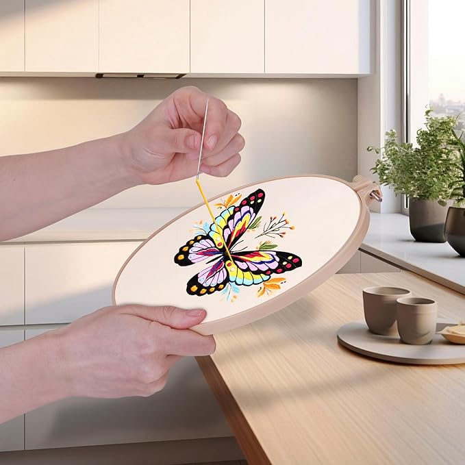 3Pcs Butterfly Flower Pattern Embroidery Kit, Cross Needlepoint Set, Hand Stamped Pre-Printed Fabric with Embroidery Tools, Stitch Practice Kit for Beginners, Adults, DIY Home Decor, Embellishment