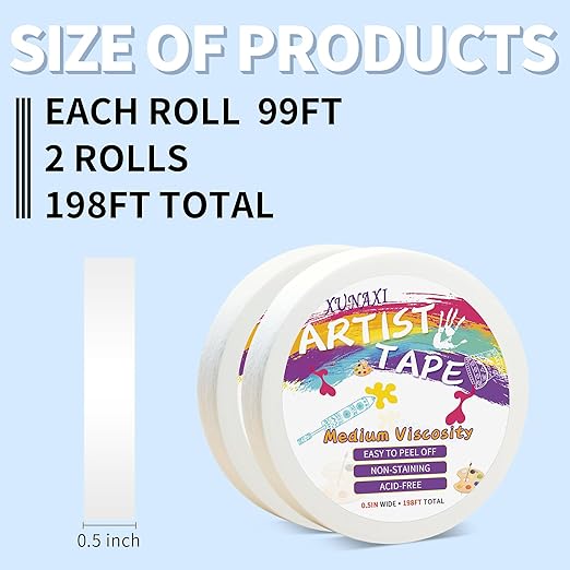 2 Packs Artist Tape Medium Tack White Art Tape for Watercolor Paper Drafting Art Painting Canvas Framing Acid Free Masking Tape- 0.5IN Wide 197FT Long Total