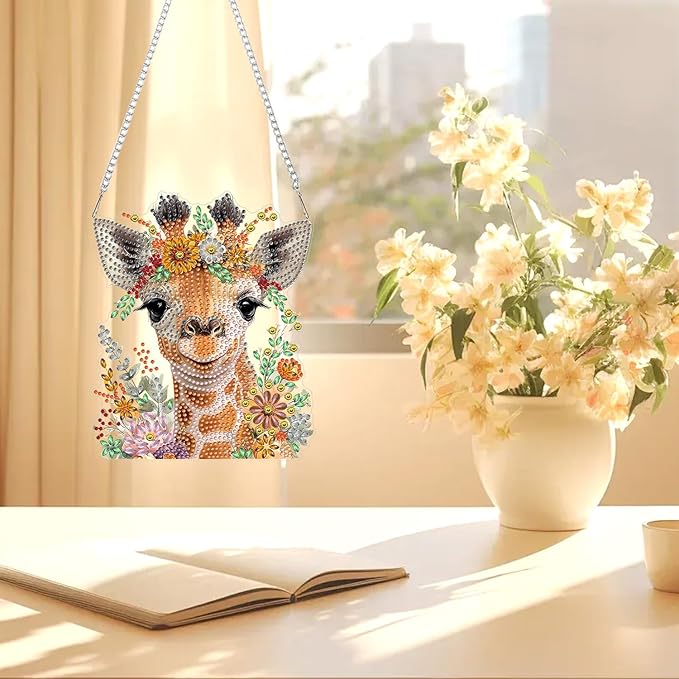 AIRDEA Hanging Diamond Painting Kits Giraffe,Special Shaped Diamond Art Kits for Beginner Flowers and Animals Gem Art Pendant Decor,7.63x6.53in
