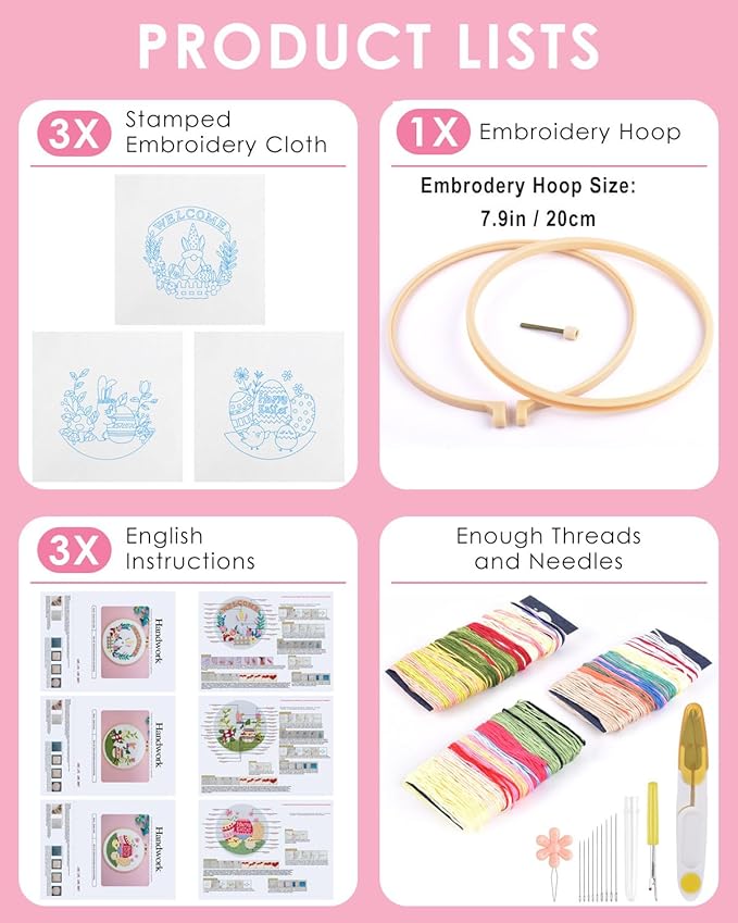 TINDTOP 3 Pack Embroidery Kit for Adult, Embroidery Stitch Practice kit Include Embroidery Cloth Hoops Threads Hand Stitch for Craft Lover