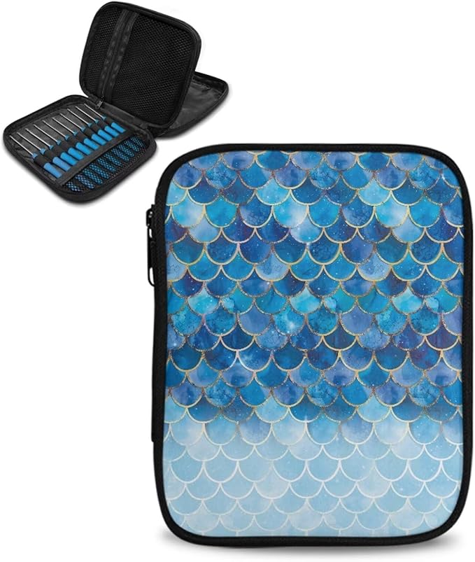 Hechitok Mermaid Scales Blue Crochet Hooks Case Zipper Bags Portable Crochet Storage Bag with Web Pocket and Crochet Holder Slots for Carrying Various Crochets Needles