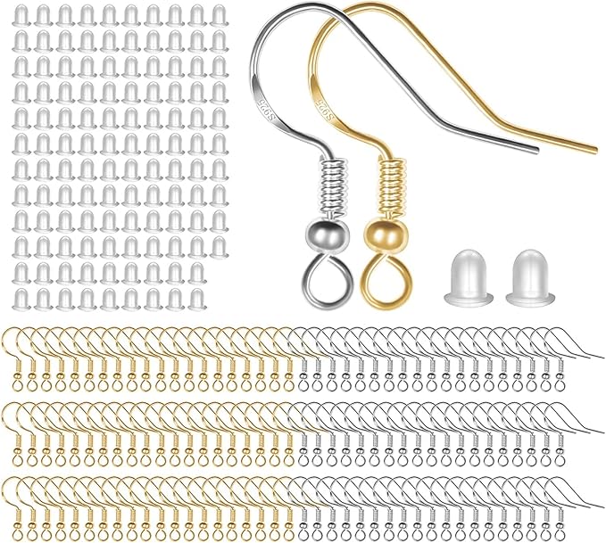 menkey 925 sterling mixed earring hooks 120 pcs/60 pairs, ear wires fish hooksfor diy jewelry making, hypo-allergenic jewelry findings parts with 120 pcs clear silicone earring backs stoppers