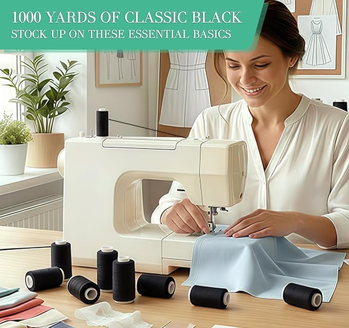 12pcs Black Sewing Thread - 1000Yard Black All Purpose Sewing Machine Thread for Sewing Machine, Hand Stitching, Embroidery Clothing Repair, Home Decor